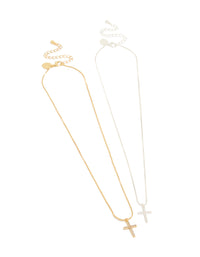 Explore mixed metal plated brass cubic zirconia cross pendant necklaces in gold and silver 2-pack front view - link has visual effect only