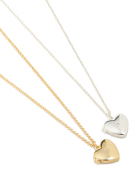 Beautifully crafted heart locket necklaces featuring cubic zirconia with silver and gold plated brass in a 2-pack close up view - link has visual effect only