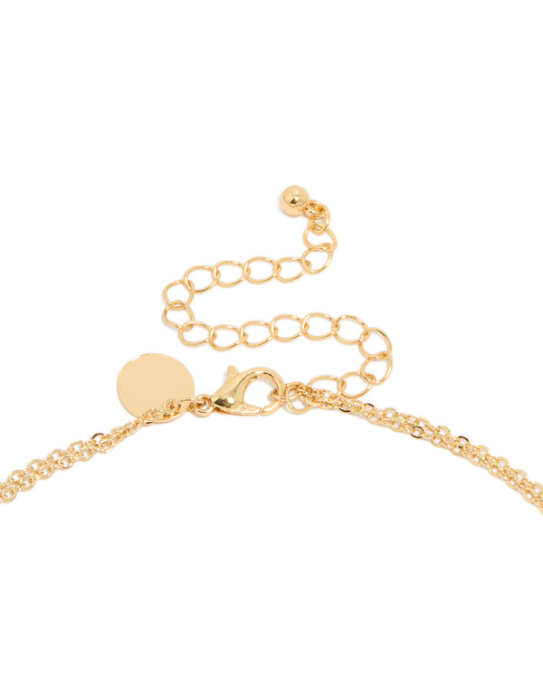 Highlighting a gold plated brass layered necklace with celestial, coin pendant, pearl and cubic zirconia featuring clasp detail view