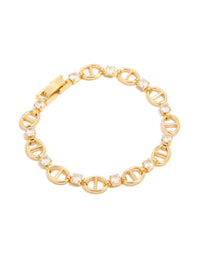 Gold plated brass alternating cubic zirconia anchor chain bracelet in gold front view - link has visual effect only