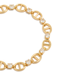 Crafted from brass with alternating anchor chain and cubic zirconia stones in gold plating close up view - link has visual effect only