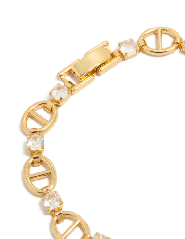 Features secure clasp mechanism in gold plated brass with alternating cubic zirconia accents closure detail view