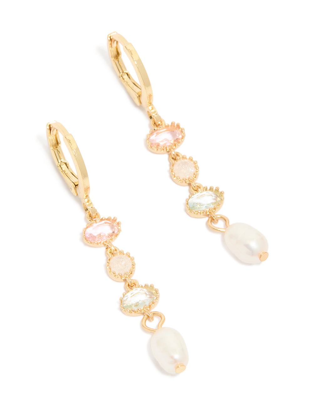 Elegant gold plated cubic zirconia and freshwater pearl drop earrings front view