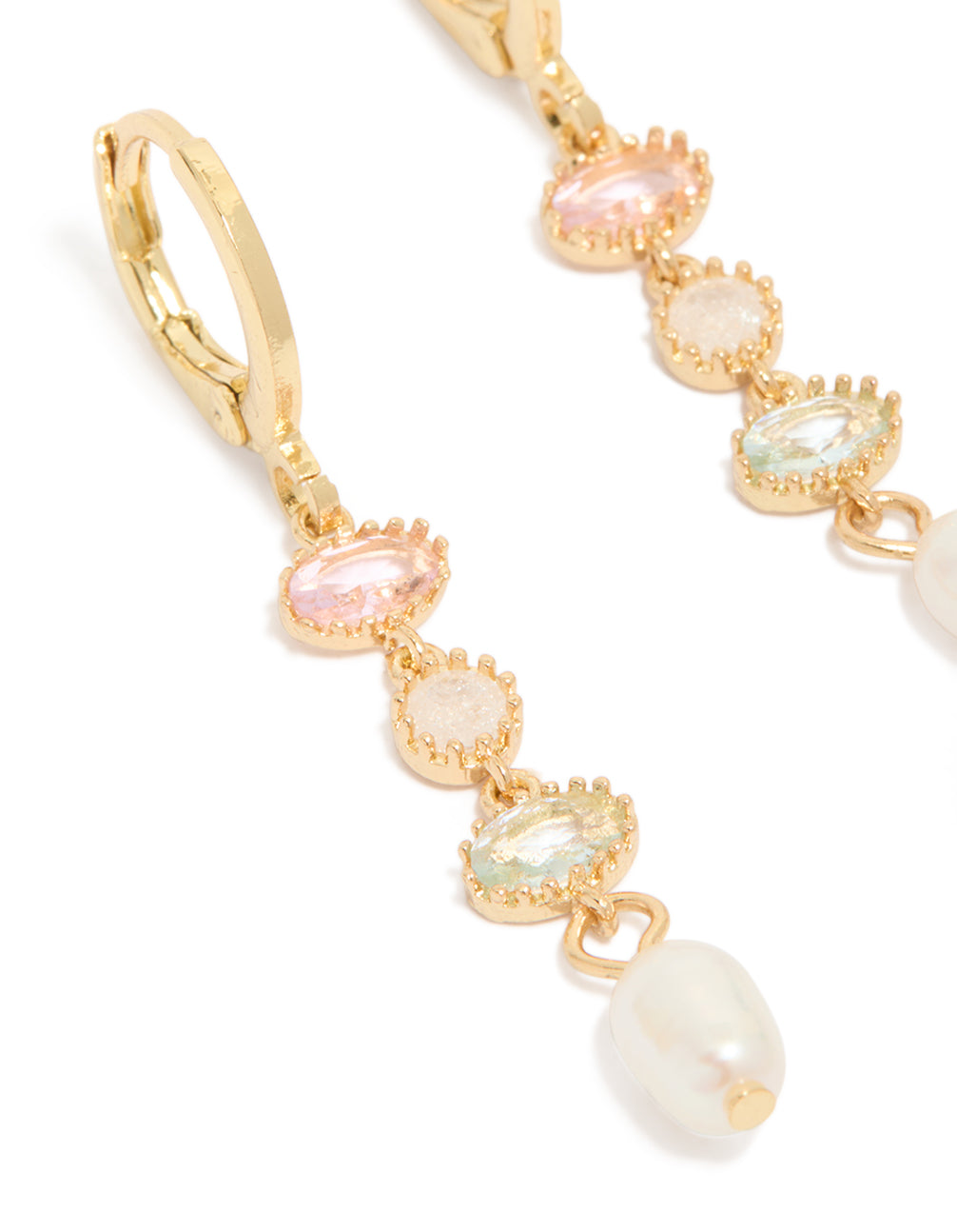 Elegant, gold plated cubic zirconia and freshwater pearl drop earrings close up view