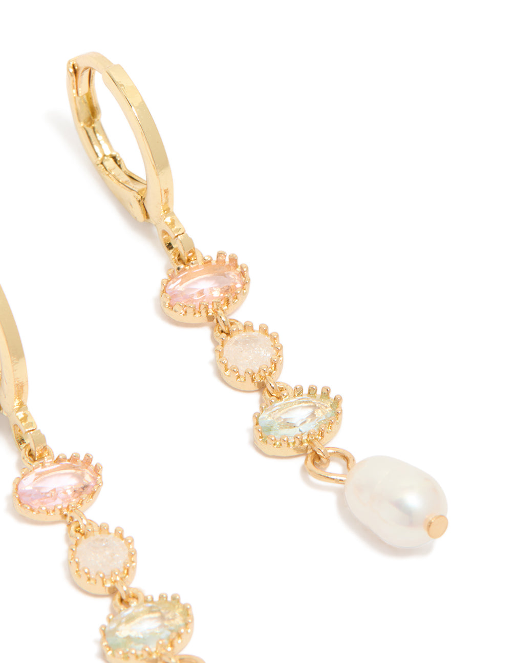 Beautiful gold plated cubic zirconia and freshwater pearl drop earrings post detail view