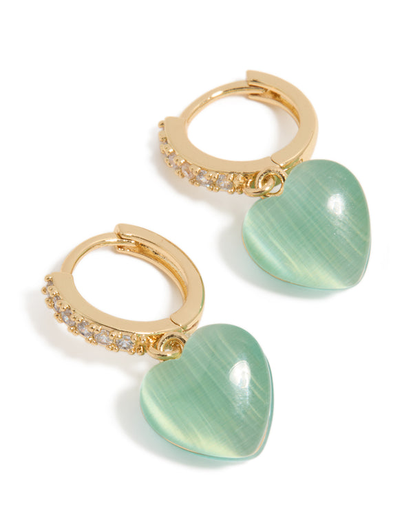 Gold Plated Cubic Zirconia Pave &  Green Heart Huggie Earrings