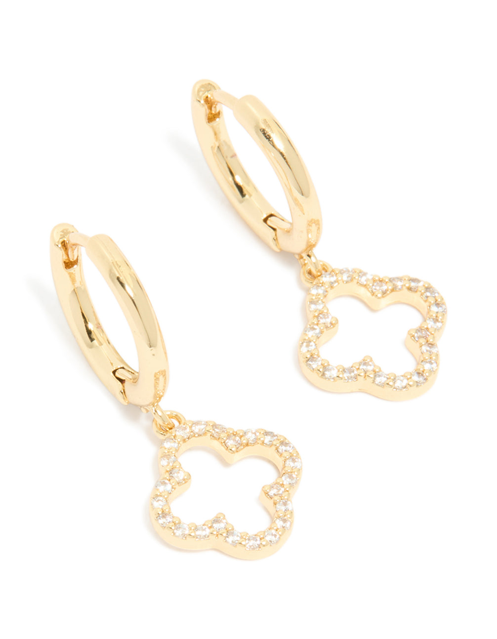 Elegant gold plated cubic zirconia huggie flower drop earrings front view