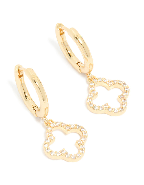 Elegant gold plated cubic zirconia huggie flower drop earrings front view