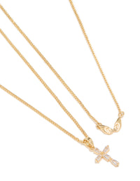 Showcasing angel wing and diamante cross necklaces in a 2-pack, crafted from gold plated material pendant feature close up view - link has visual effect only
