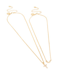 Elegant angel wing and diamante cross necklaces in a 2-pack, featuring gold plated material with pendant detail, front view - link has visual effect only