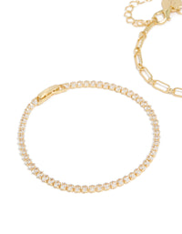Gold Plated Cubic Zirconia Tennis & Chain  Bracelets 2-Pack - link has visual effect only