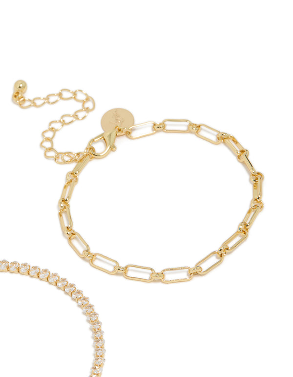 Gold Plated Cubic Zirconia Tennis & Chain  Bracelets 2-Pack