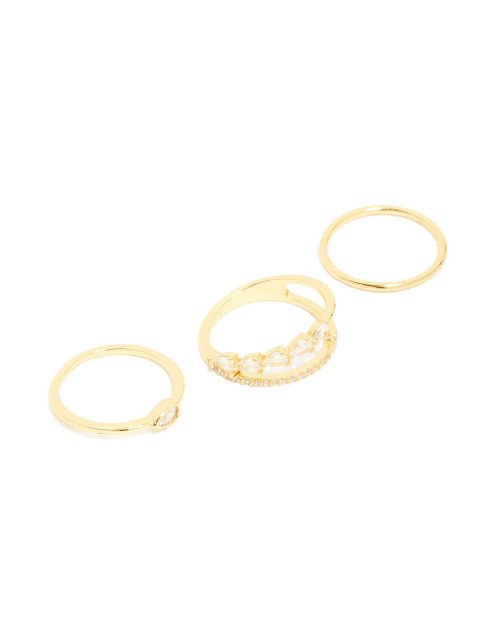 Crafted from gold plated material featuring cubic zirconia teardrop and band rings in a dainty 3-pack with crystal accents front view