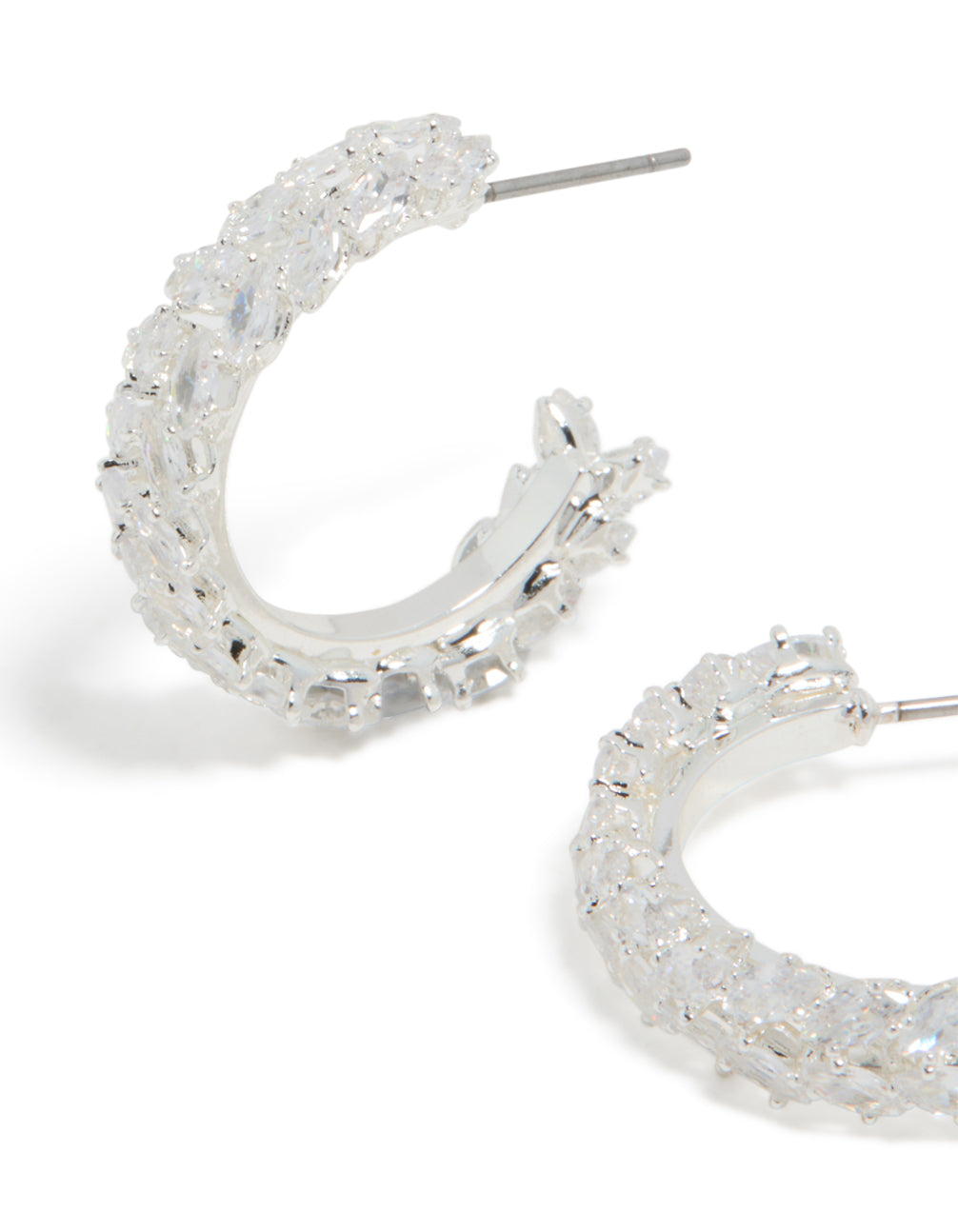 Detailed silver plated medium leaf hoop earrings with cubic zirconia close up view
