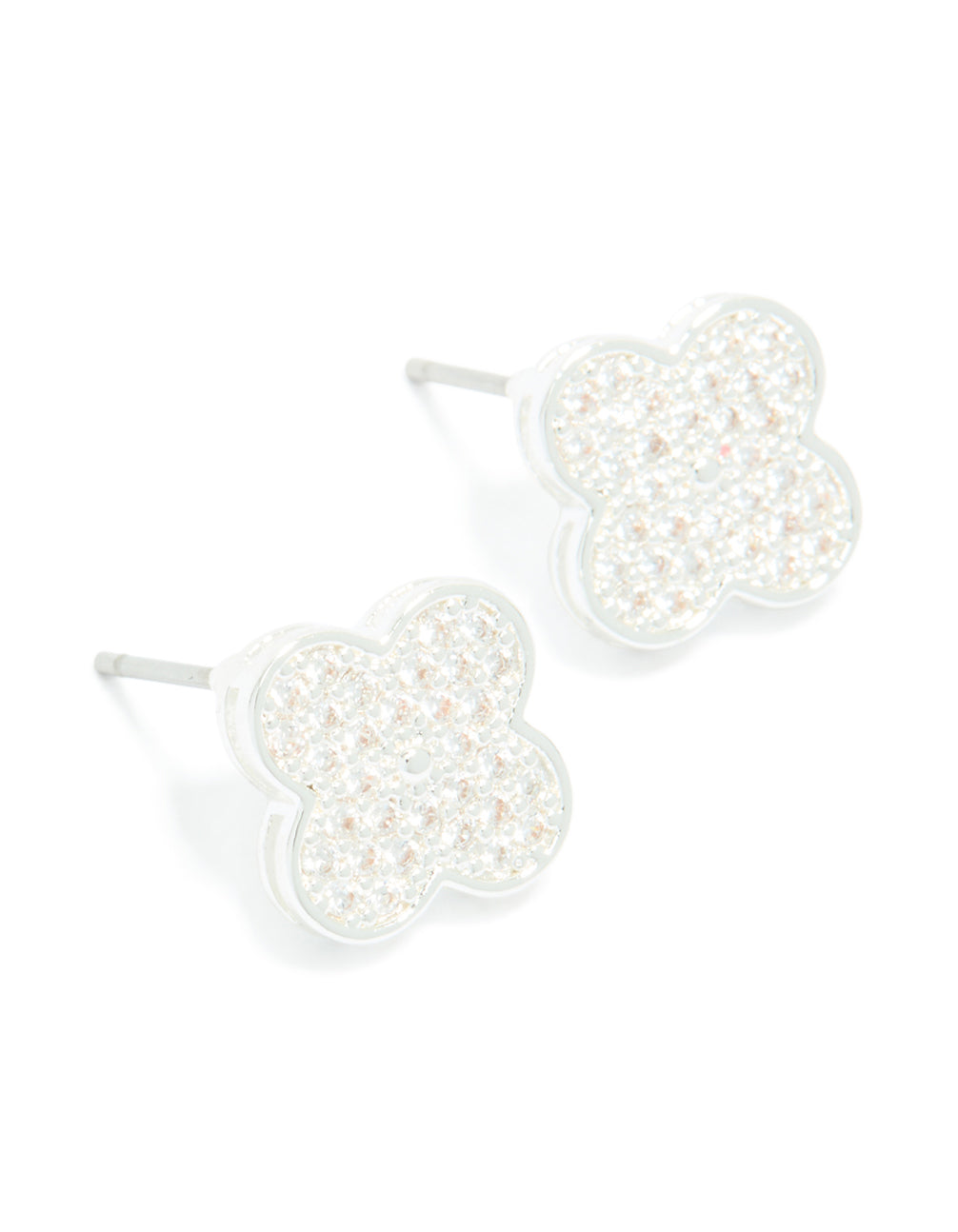 Discover dainty small floral stud earrings featuring silver plated metal and cubic zirconia in white front view