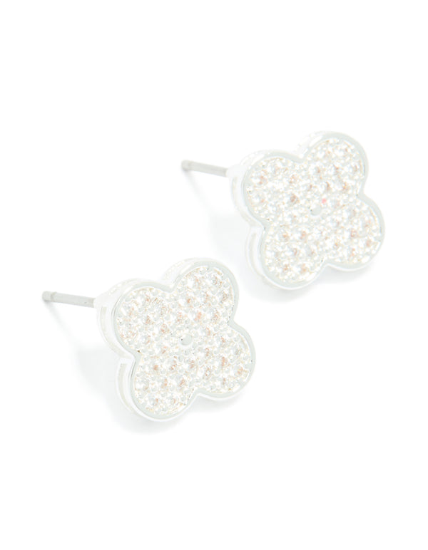 Silver Plated Cubic Zirconia Flower Detail Small Stud Earrings