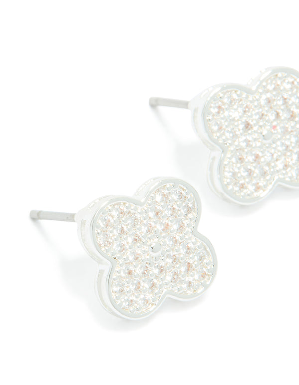 Silver Plated Cubic Zirconia Flower Detail Small Stud Earrings