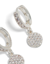 Featuring silver plated cubic zirconia pavé circle drop earrings post detail view - link has visual effect only