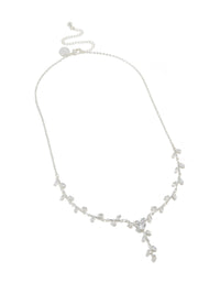 Highlighting a silver plated cubic zirconia dainty vine spaced necklace crafted with leaf motifs front view - link has visual effect only