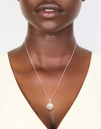 Elegant silver plated cubic zirconia pearl centre pendant necklace on neck view - link has visual effect only