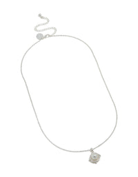 Crafted with silver plated cubic zirconia pearl centre pendant necklace front view - link has visual effect only