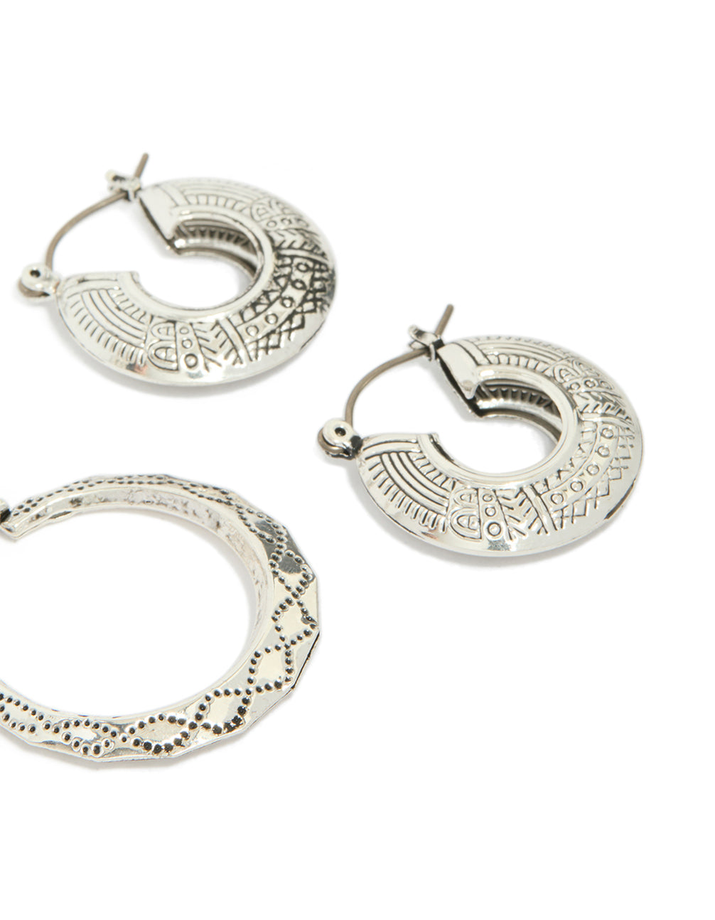 Antique silver textured edged hoop earrings in a 3-pack displaying ornate patterns with a post detail view