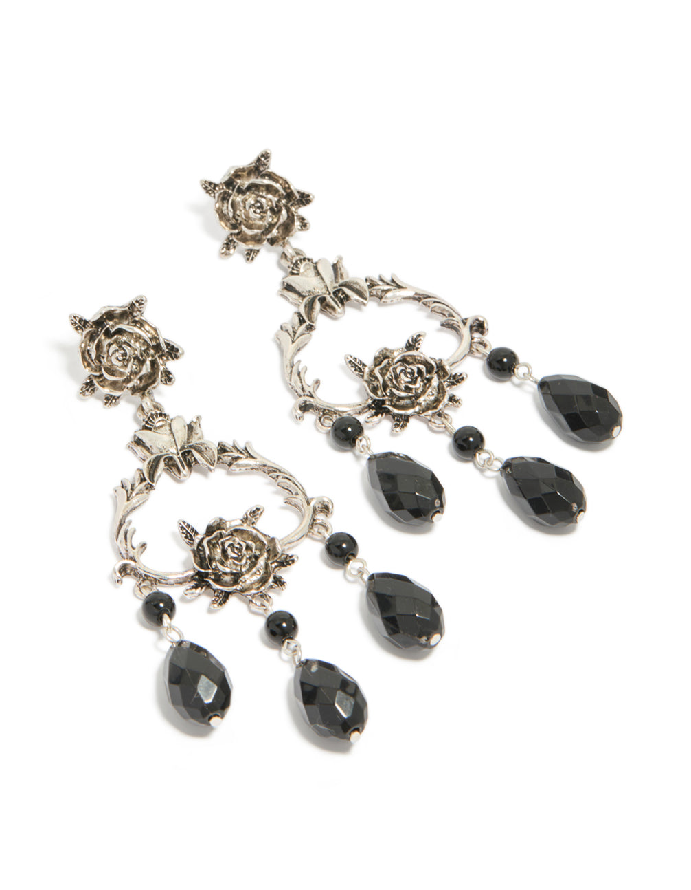 Showcasing drop earrings featuring floral design with beaded accents, charm elements in silver and black statement style front view