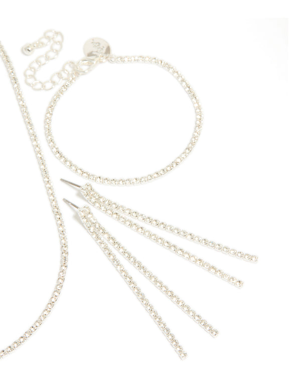 Silver Diamante Tennis Bracelet, Earrings & Necklace Pack