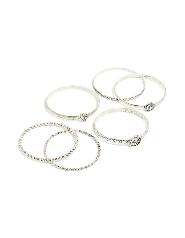 Silver Textured & Plain Bangles 6-Pack