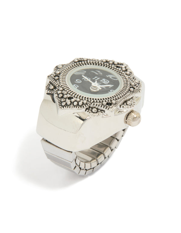 Silver Textured Black Watch Ring