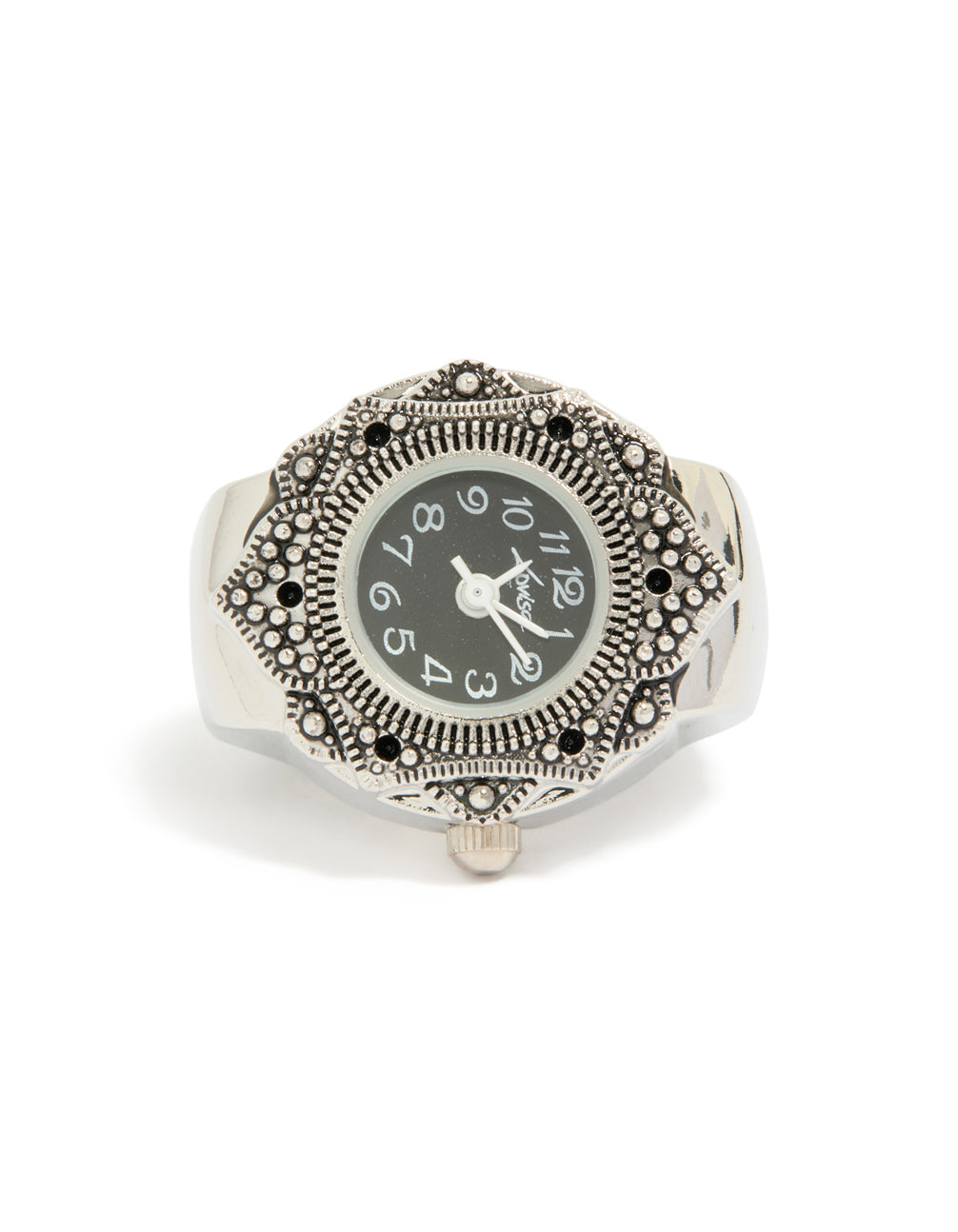 Crafted from stainless steel, this statement watch ring features black dial with round shape designed for women in casual analog style, with link band in silver watch face detail view