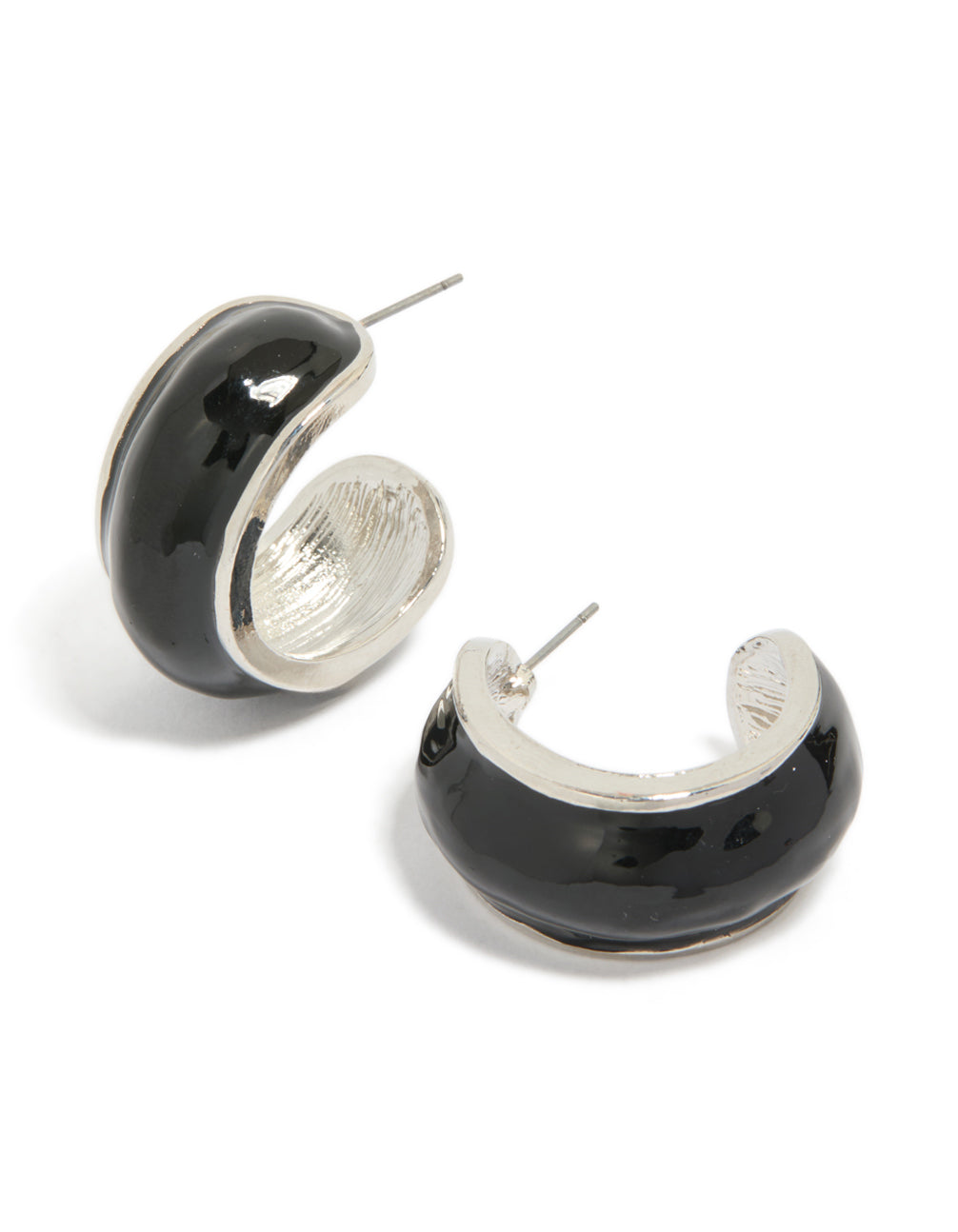 Showcasing silver black outer wide hoop earrings with glossy finish front view