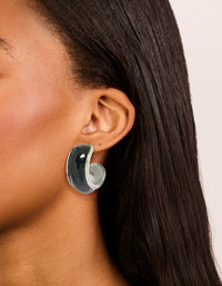 Silver Black Outer Wide Hoop Earrings - link has visual effect only