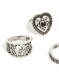 Antique Silver  Heart & Textured Rings 4-Pack - link has visual effect only
