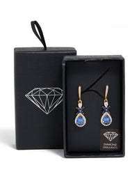 Elegant gold blue cubic zirconia flower drop earrings featuring with crystal and statement style front view - link has visual effect only