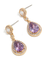 Featuring gold purple cubic zirconia double drop earrings front view - link has visual effect only