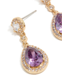 Highlighting gold purple cubic zirconia double drop earrings with teardrop setting close up view - link has visual effect only