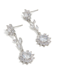 Elegant silver cubic zirconia vine floral drop earrings featuring leaf details front view - link has visual effect only