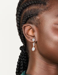 Showcasing silver cubic zirconia vine floral drop earrings with leaf accents on ear view - link has visual effect only