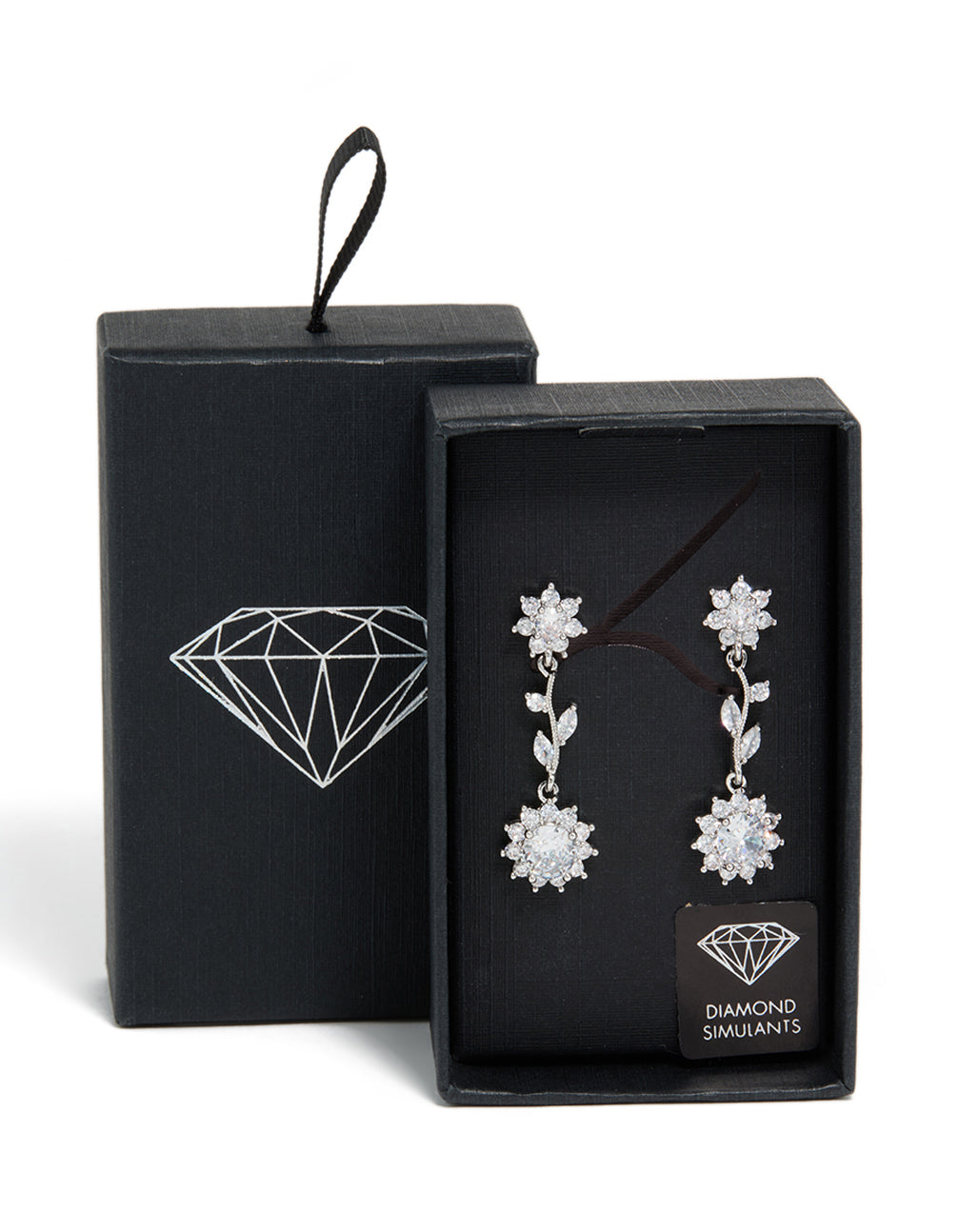 Elegant silver cubic zirconia vine floral drop earrings featuring leaf details front view