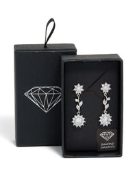 Elegant silver cubic zirconia vine floral drop earrings featuring leaf details front view - link has visual effect only