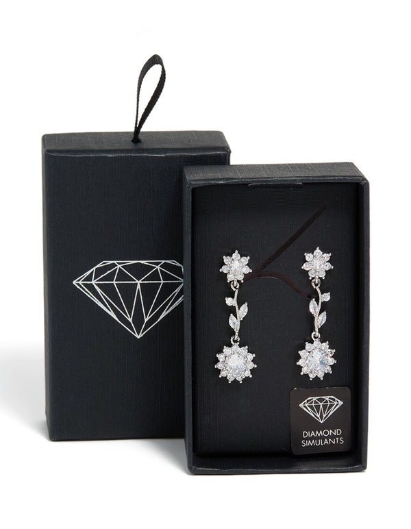 Elegant silver cubic zirconia vine floral drop earrings featuring leaf details front view