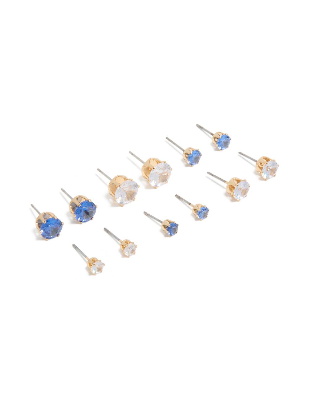 Presenting classic blue and clear cubic zirconia stud earrings in a statement gold 6-pack with round stone cut and stud closure front view