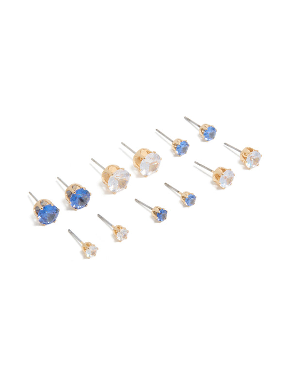 Presenting classic blue and clear cubic zirconia stud earrings in a statement gold 6-pack with round stone cut and stud closure front view
