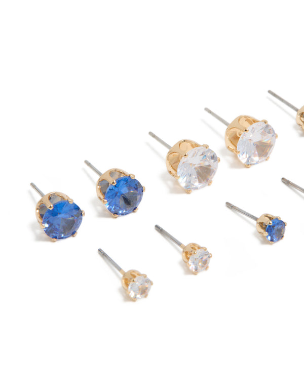 Showcasing classic blue and clear cubic zirconia stud earrings in a statement gold 6-pack with round stone cut and stud closure close up view