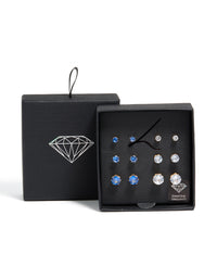 Presenting classic blue and clear cubic zirconia stud earrings in a statement gold 6-pack with round stone cut and stud closure front view - link has visual effect only