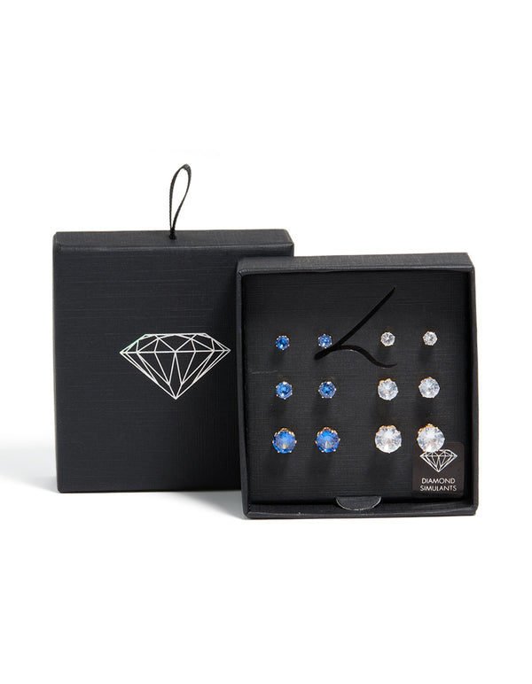 Presenting classic blue and clear cubic zirconia stud earrings in a statement gold 6-pack with round stone cut and stud closure front view