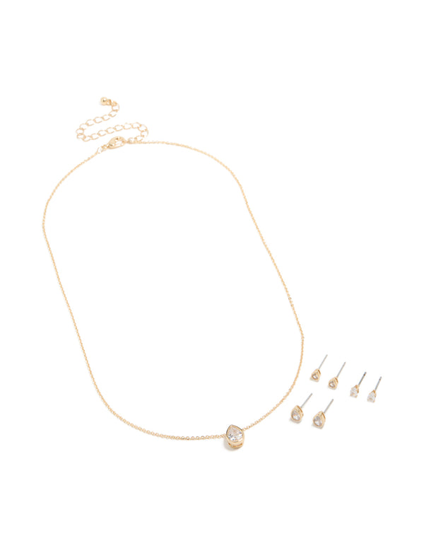 Gold Clear Cubic Zirconia Pear Bezel Necklace & Earrings Set