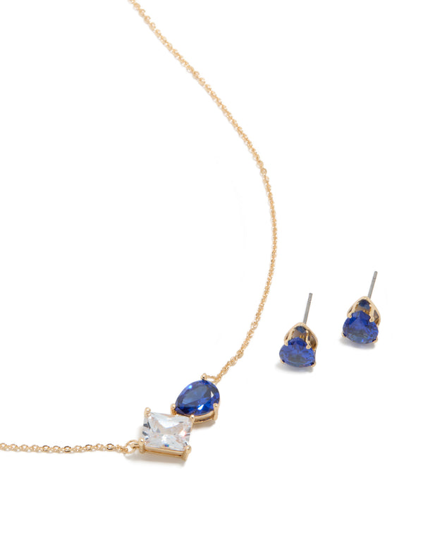 Gold Clear & Blue Cubic Zirconia Cluster Necklace & Earrings Set