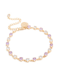Elegant gold purple and grey cubic zirconia bracelet featuring lavender and light cyan stones front view - link has visual effect only